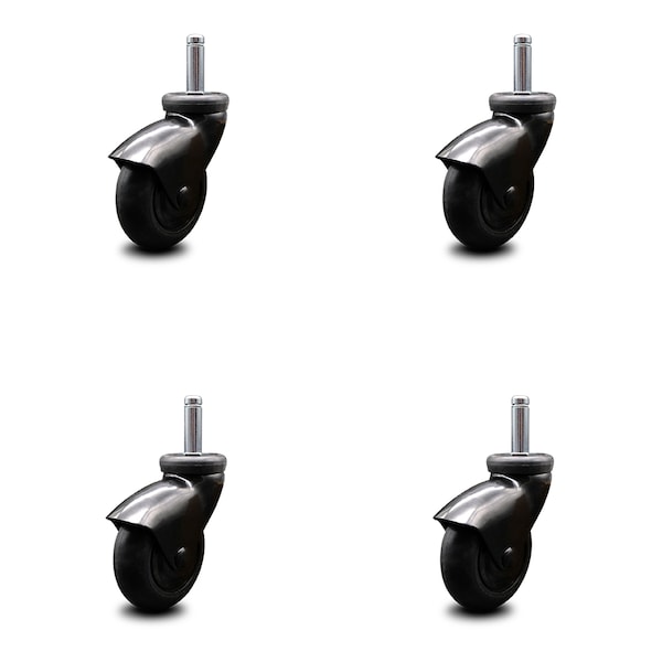 3 Inch Black Hooded Neoprene Rubber 3/8 Inch Grip Ring Stem Casters SCC, 4PK